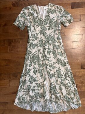 bohme Cream Midi Dress with Green Floral Pattern
